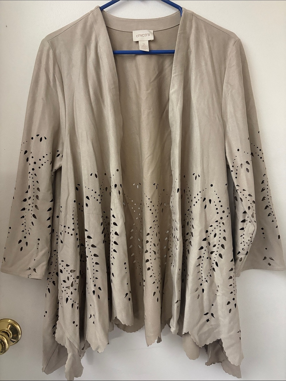 Chico's Neutral Taupe Laser-Cut Open Cardigan